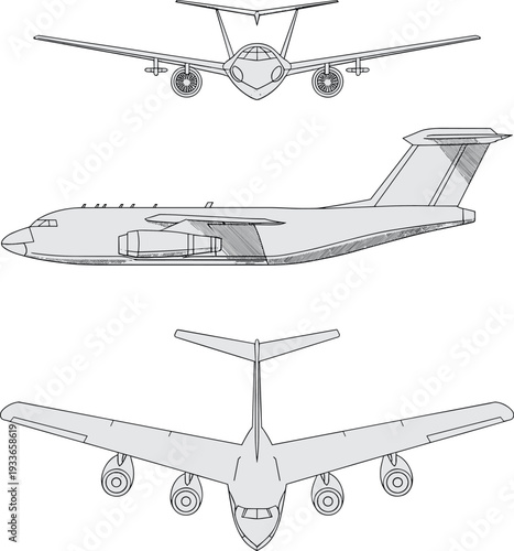 Cargo aircraft outline set featuring front, side and top views, detailed vector line drawings isolated on white for aviation design, air transport and aerospace illustration projects