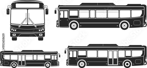 City bus silhouette set with front and side views, modern public transport vehicle vector isolated on white for urban transit, transportation planning and mobility design
