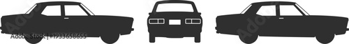 Classic sedan car silhouette vector set featuring side and front views of vintage automobile design, retro transportation icon, vehicle profile graphic isolated for automotive branding use