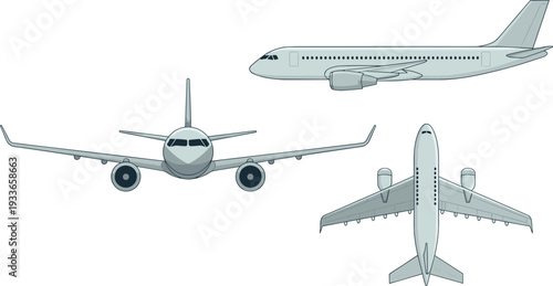 Commercial passenger airplane vector set showing side, front, and top views of modern jet aircraft for aviation design, travel graphics, transportation concepts, and aerospace illustration projects