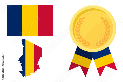 Chad flag with map and gold medal in set for web and banners or app and games