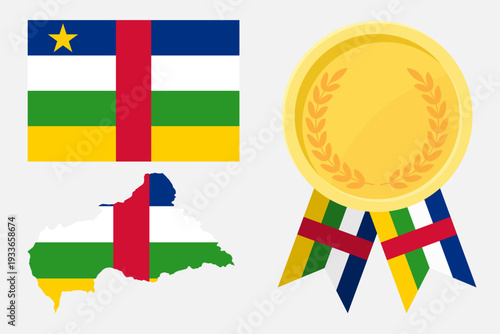 Central African Republic flag with map and gold medal in set for web and banners or app and games