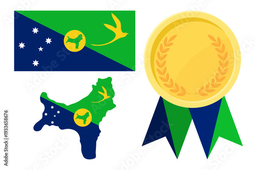 Christmas Island flag with map and gold medal in set for web and banners or app and games