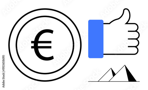Euro symbol. Euro currency icon with thumbs-up gesture and pyramid shapes finance, positivity, and historical concepts. Euro theme for business, marketing, fintech, design