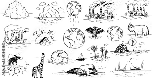 Hand-drawn set of environmental issues and nature conservation doodles, including melting ice, air pollution, climate change impacts, and endangered wildlife.