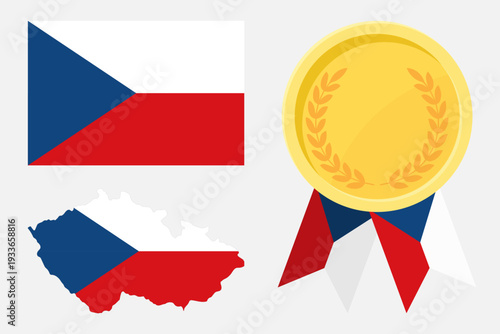 Czech flag with map and gold medal in set for web and banners or app and games