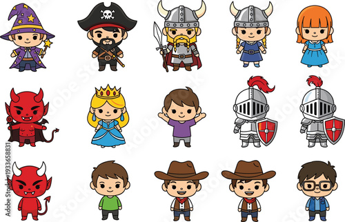 Cartoon fantasy characters set, wizard, pirate, Viking, princess, knight, cowboy, devil, costumes, children illustration, flat vector, CAD drawing, storytelling icons