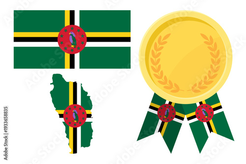 Dominica flag with map and gold medal in set for web and banners or app and games