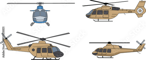 Helicopter vector collection featuring front and side views of modern utility and rescue aircraft, detailed flat illustrations isolated on white for aviation, transport and emergency service design