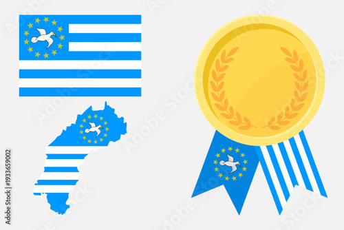 Federal Republic of Southern Cameroons flag with map and gold medal in set for web and banners or app and games