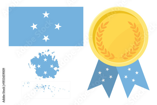 Federated States of Micronesia flag with map and gold medal in set for web and banners or app and games