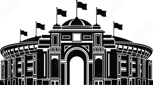 Grand architectural stadium coliseum illustration, monumental sports arena with flags, black and white CAD drawing, flat vector design, symmetrical perspective artwork