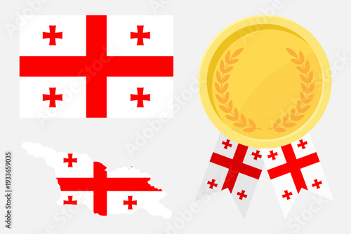 Georgia flag with map and gold medal in set for web and banners or app and games