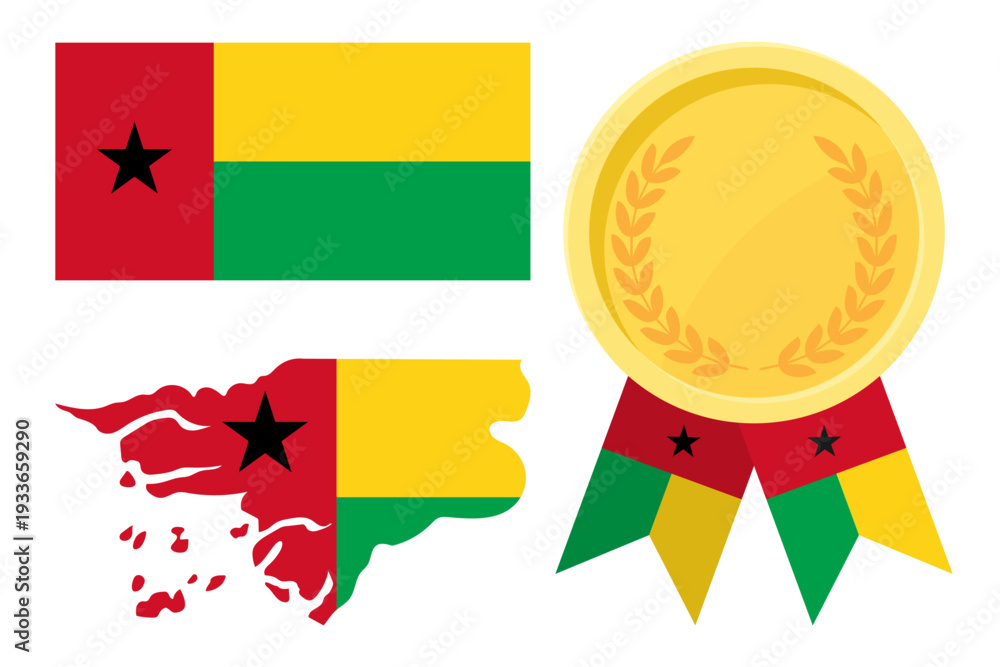 Fototapeta premium Guinea-Bissau flag with map and gold medal in set for web and banners or app and games