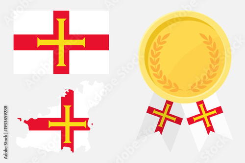 Guernsey flag with map and gold medal in set for web and banners or app and games