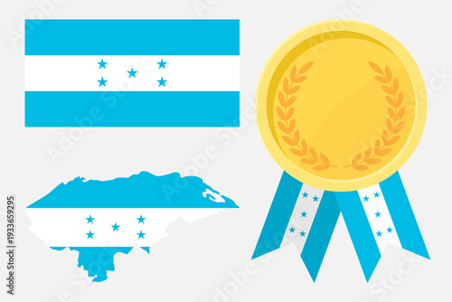Honduras flag with map and gold medal in set for web and banners or app and games