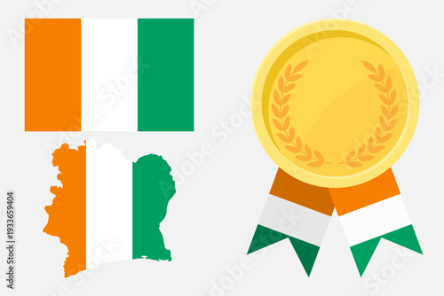 Ivory Coast flag with map and gold medal in set for web and banners or app and games