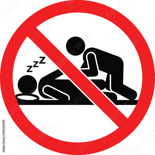 Prohibition sign, no inappropriate behavior, consent awareness, safety symbol, red circle warning, flat vector illustration, CAD style, social responsibility icon