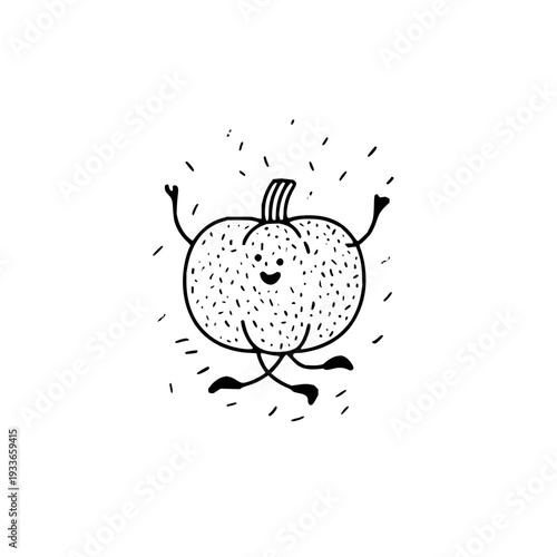 A cheerful dotted pumpkin character with arms and legs runs joyfully on a plain white background conveying happiness and playfulness in a simple black and white illustration