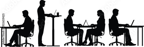Office classroom silhouette illustration, people working on laptops, collaborative workspace, CAD drawing flat vector artwork design for business, education, teamwork