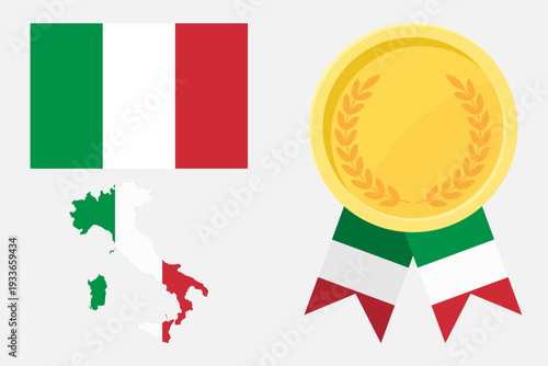 Italy flag with map and gold medal in set for web and banners or app and games