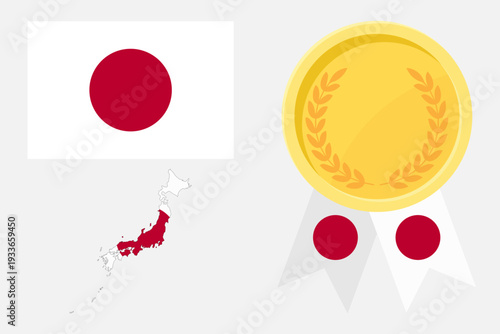 Japan flag with map and gold medal in set for web and banners or app and games