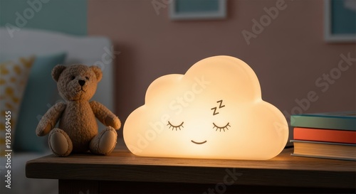 Illuminated cloud-shaped decoration sits beside a stuffed animal on a bedside surface