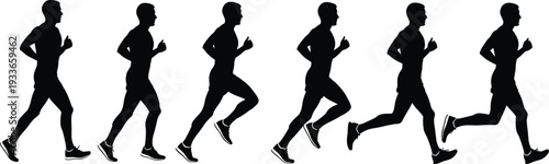 Running silhouette sequence, athlete stride motion, sports biomechanics, fitness training, workout exercise, human movement study, cad drawing flat vector illustration