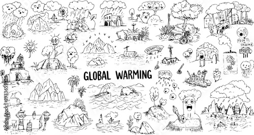 Global Warming Hand-Drawn Doodle Set: Climate Change, Environmental Crisis, and Nature Disaster Illustrations