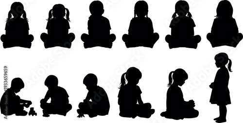 Children silhouettes collection showing kids sitting, playing with toys, thinking and standing poses, childhood activity and preschool learning concept isolated