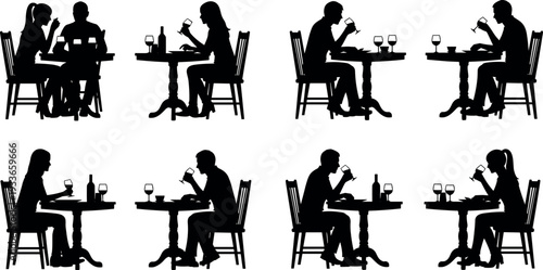 Collection of restaurant dining silhouettes featuring couples and individuals drinking wine at table, social dinner scenes isolated, people eating and drinking in cafe