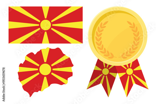 Macedonia flag with map and gold medal in set for web and banners or app and games