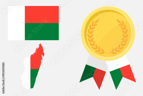 Madagascar flag with map and gold medal in set for web and banners or app and games