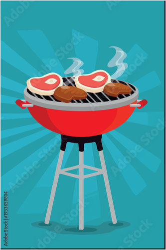 PrintIllustration of a red barbecue grill cooking steaks