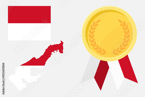 Monaco flag with map and gold medal in set for web and banners or app and games