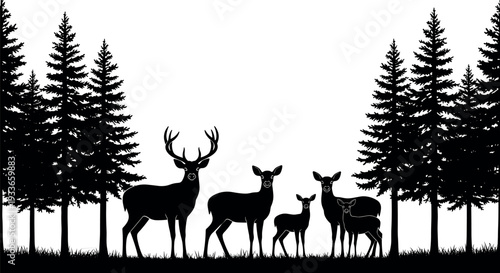 Deer family silhouettes in pine forest landscape showing stag, doe and fawns standing among evergreen trees, wildlife nature scene isolated for woodland and hunting