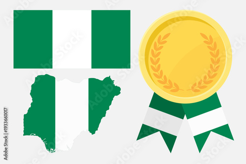 Nigeria flag with map and gold medal in set for web and banners or app and games