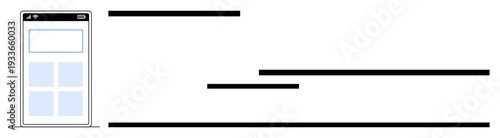 UX design, app prototyping, web design, mobile interface, user experience, technology. Minimalistic wireframe of a mobile app screen with navigation bars and grid boxes. UX design and app prototyping