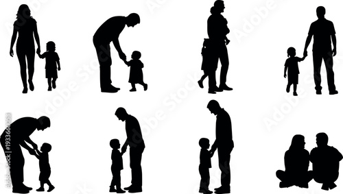 Family parent and child silhouettes collection showing mother, father and kids walking, holding hands and caring interaction, parenting love and family relationship