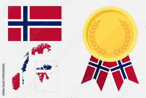 Norway flag with map and gold medal in set for web and banners or app and games