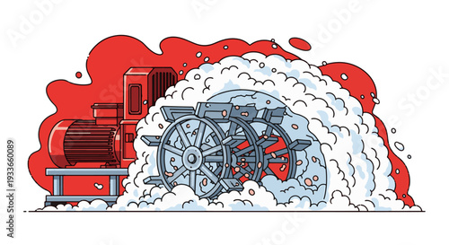Vintage steam engine with water wheel illustration