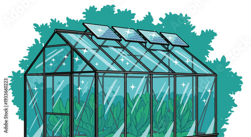 Sustainable greenhouse with solar panels on roof for eco friendly living
