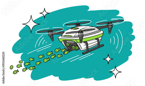 Drone feeding fish in aquaculture farm with green accents