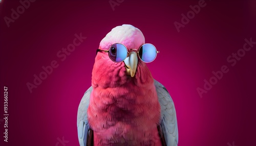 Stylish galah parrot bird portrait featuring round mirrored sunglasses against a vibrant magenta background showcasing cool avian fashion.