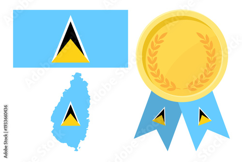 Saint Lucia flag with map and gold medal in set for web and banners or app and games
