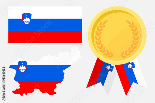 Slovenia flag with map and gold medal in set for web and banners or app and games