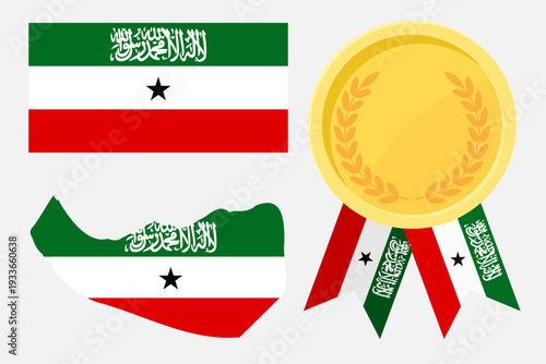Somaliland flag with map and gold medal in set for web and banners or app and games