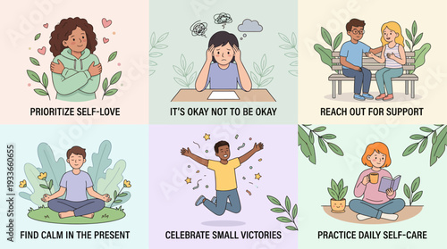 Colorful Mental Health Awareness Illustration Set with Self Love, Support, and Emotional Wellbeing Concepts