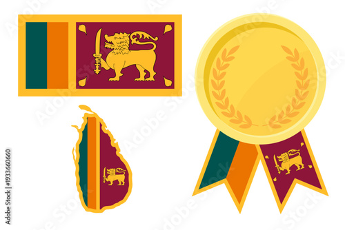 Sri Lanka flag with map and gold medal in set for web and banners or app and games