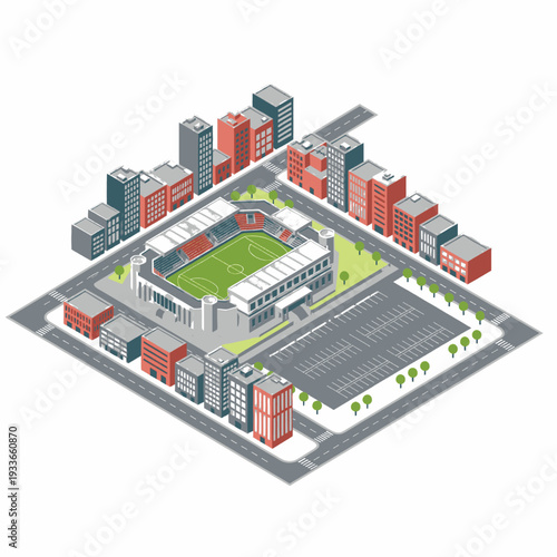 Isometric City Block with Stadium and Buildings.